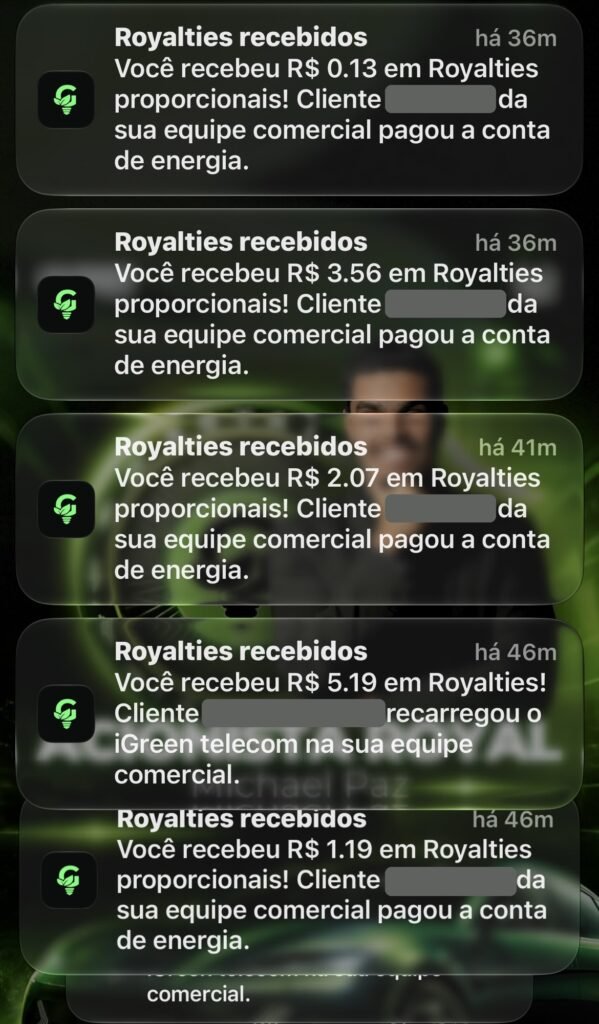 Notificações de royalties recebidos no aplicativo iGreen, com nomes dos clientes ocultados