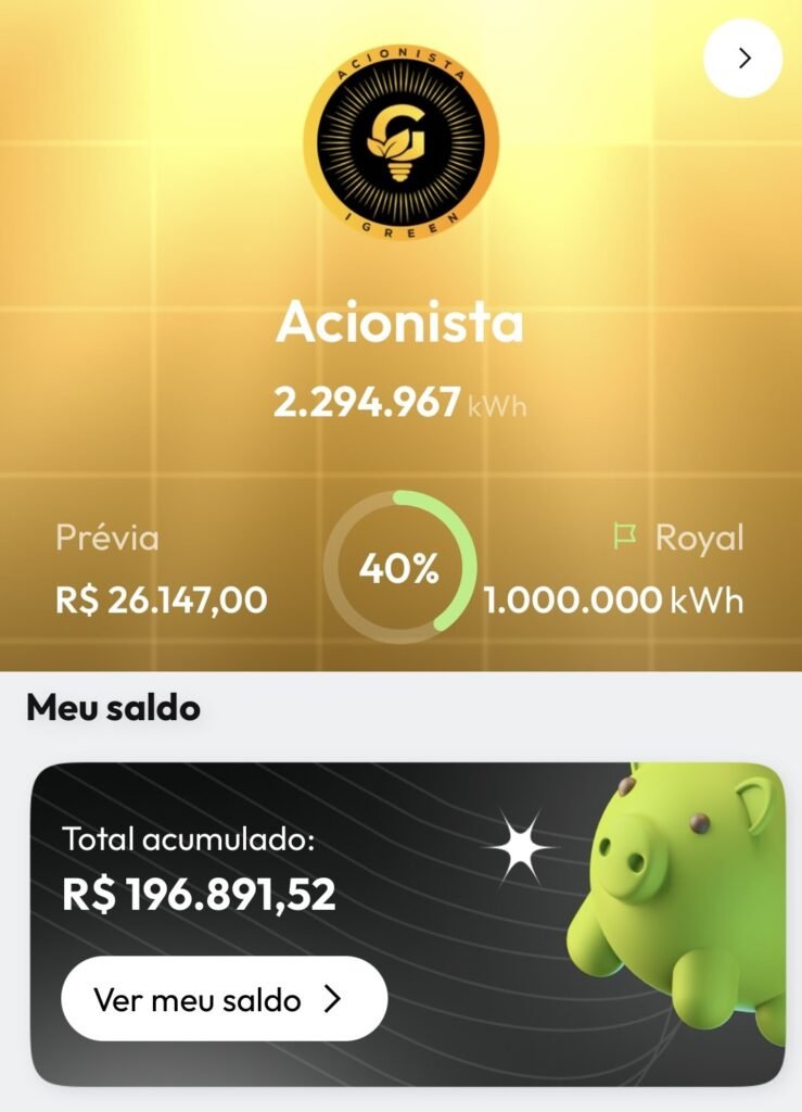 Painel do aplicativo iGreen de Michael Paz na qualificação Acionista, com prévia de ganhos e saldo acumulado